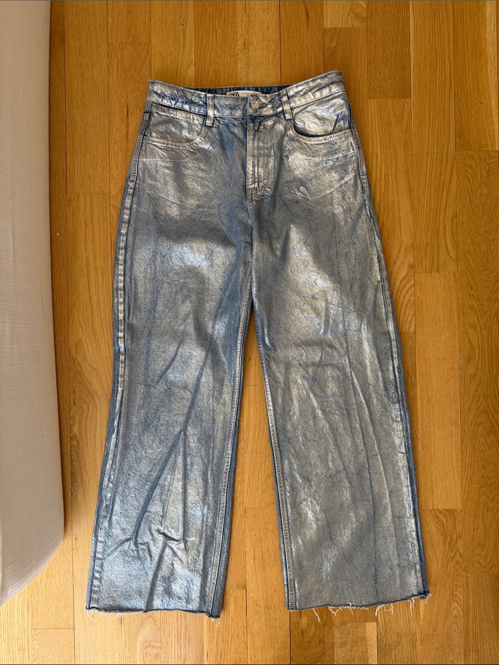Zara Mid-Rise Metallic Silver Wide Leg Jeans